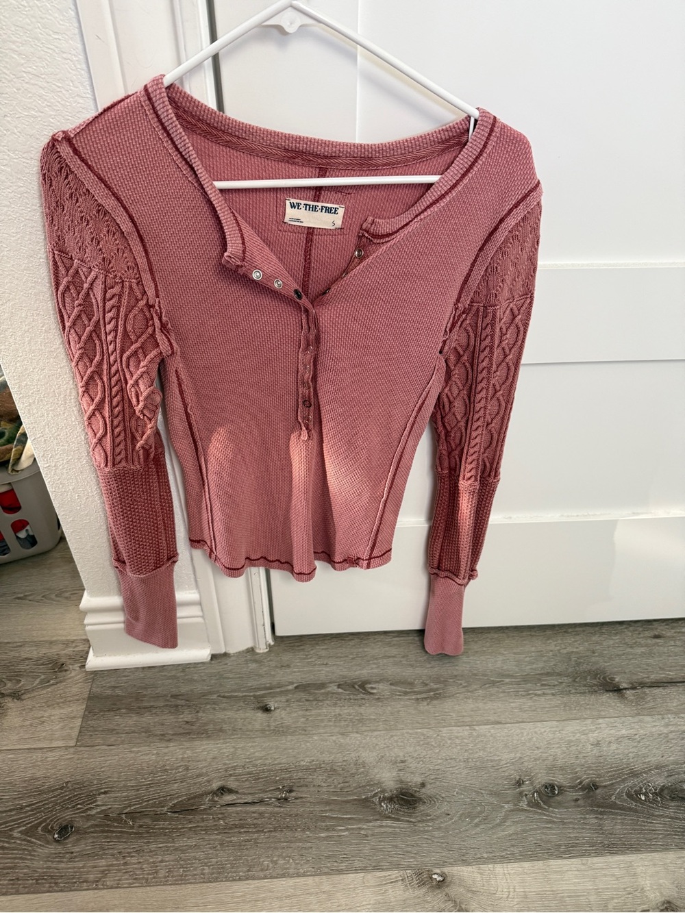 We The Free Dusty Rose Cable-Sleeve Henley Sweatshirt